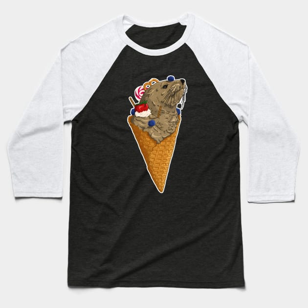 Brown Seal Ice Cream Baseball T-Shirt by DVerissimo